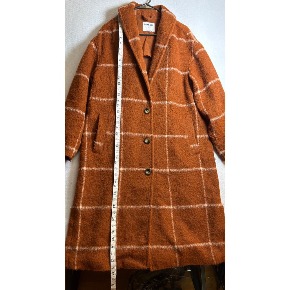 Old Navy Womens Long Windowpane Plaid Coat Rust Orange Boucle Overcoat Large - Picture 7 of 8